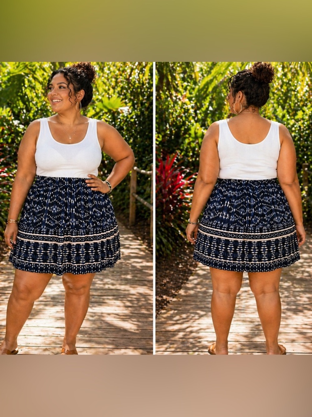 Lane Bryant Navy & White Smocked-Waist Circle Skirt